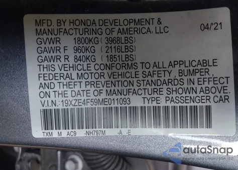 2021 Honda Insight Ex из США, поврежденный, VIN 19XZE4F59ME011093